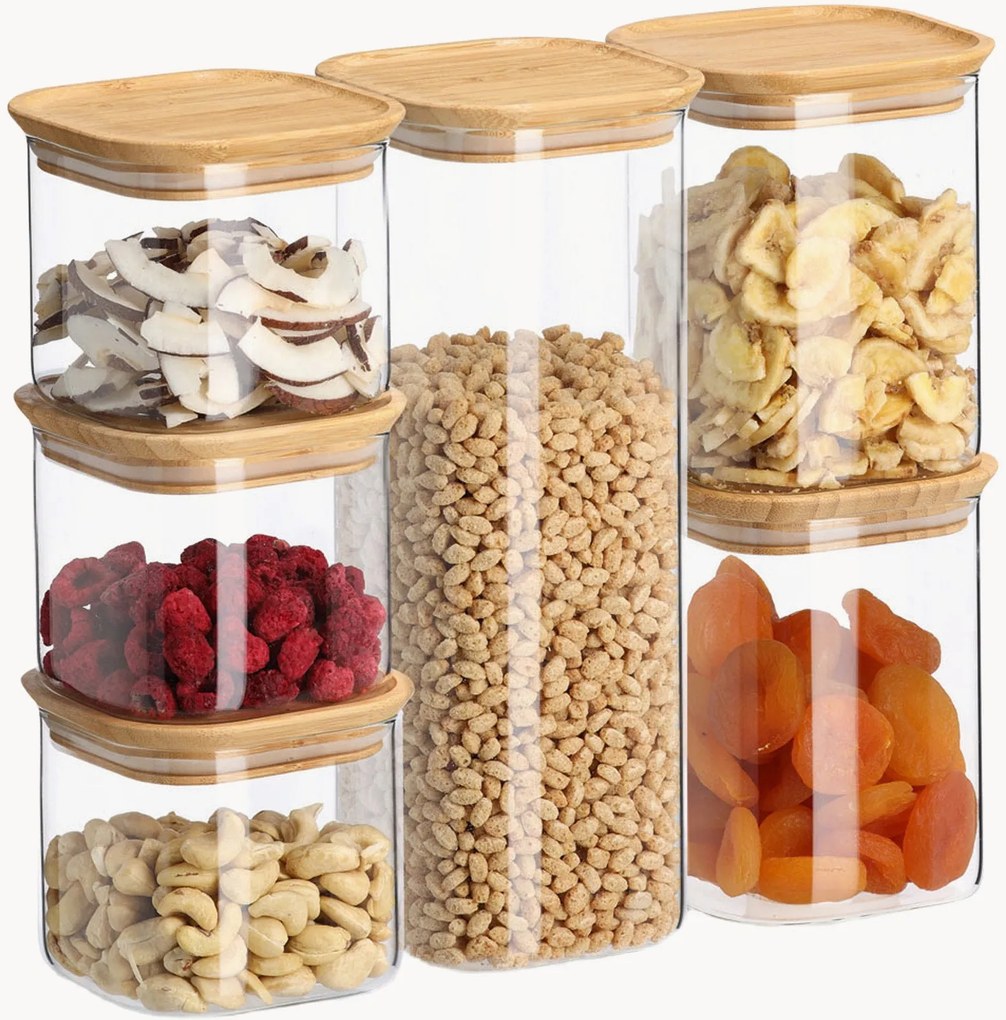 Opbergpotten Pure van borosilicaatglas met bamboe deksels, 6-delig
