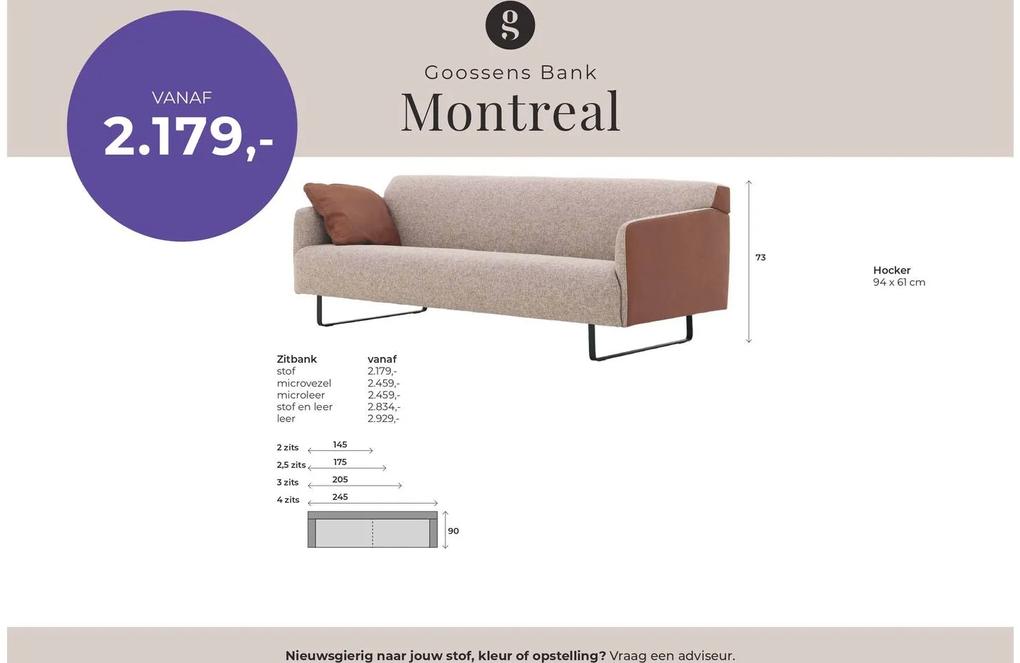 Goossens Excellent Bank Montreal bruin, stof, 4-zits, modern design