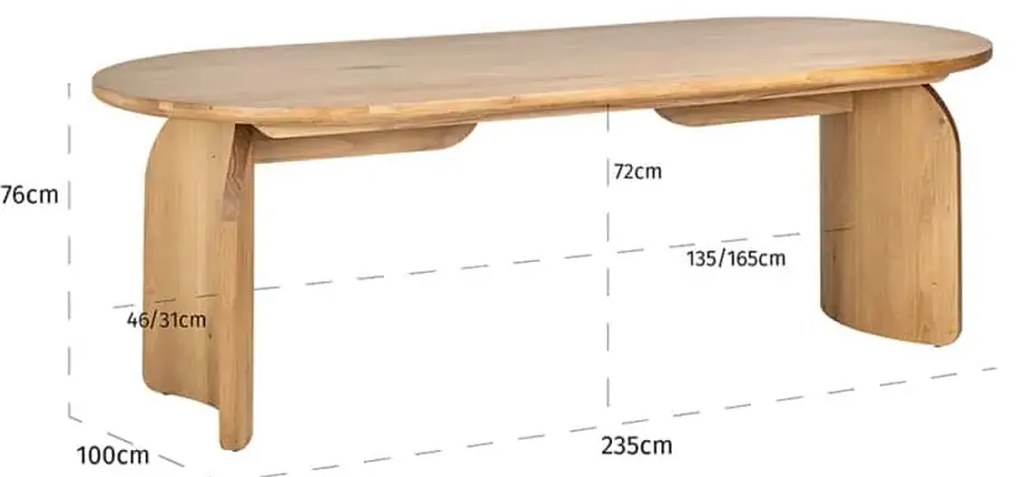 Richmond Interiors Fairmont Eiken Eettafel Met Gebogen Poot Naturel 235 Cm - 235 X 100cm.