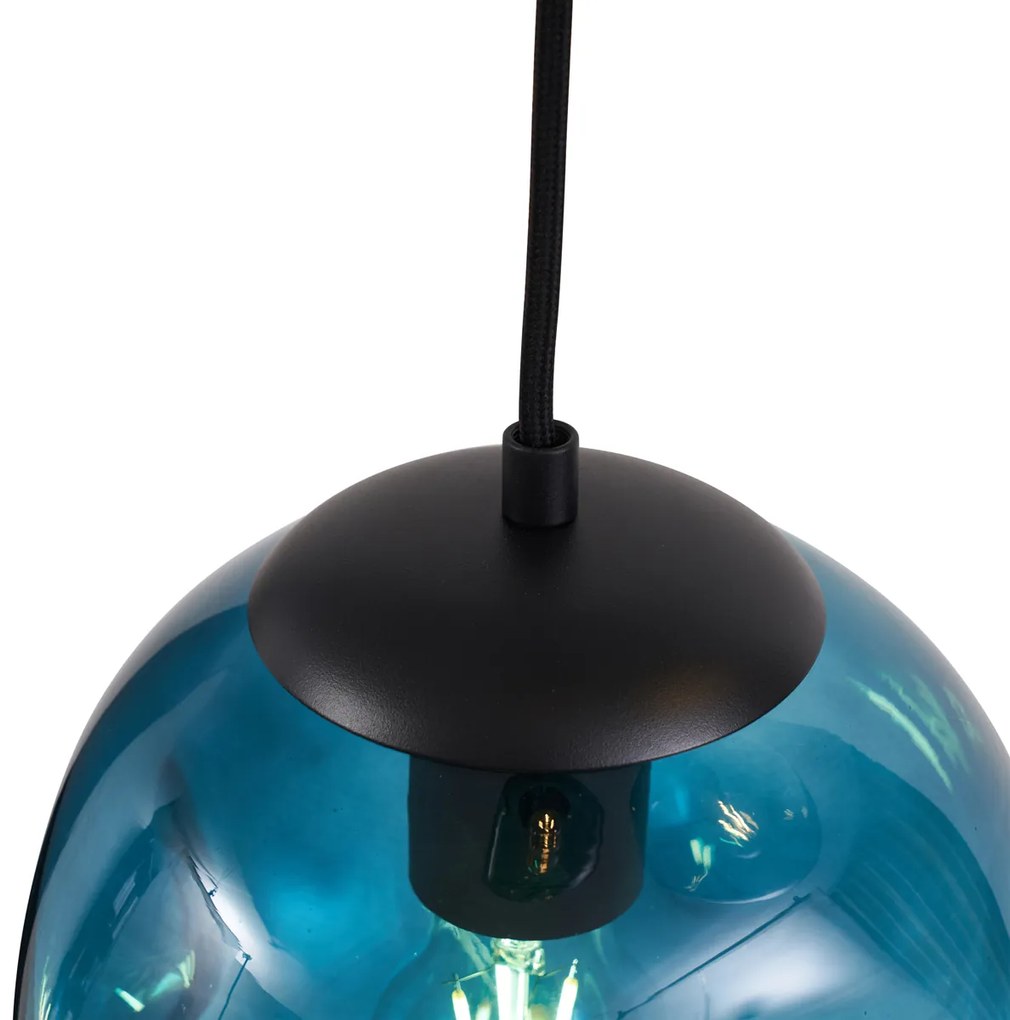 Art deco hanglamp zwart met ovale plafondplaat en groen en blauw glas 6-lichts - Douglass