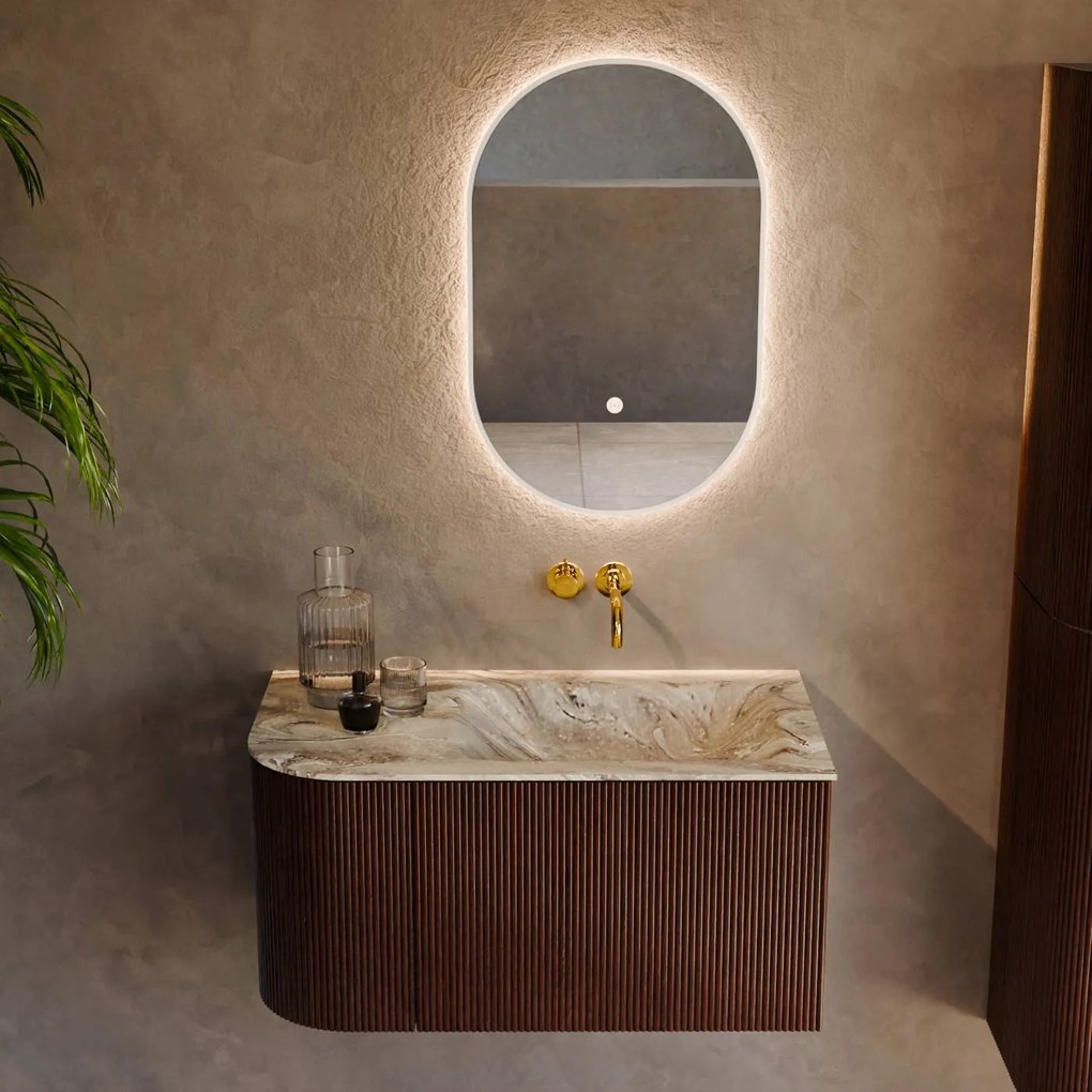 Mondiaz Kurve-dlux 85cm badmeubel ronding links ruby met 1 lade en deur en wastafel cloud rechts zonder kraangat glace