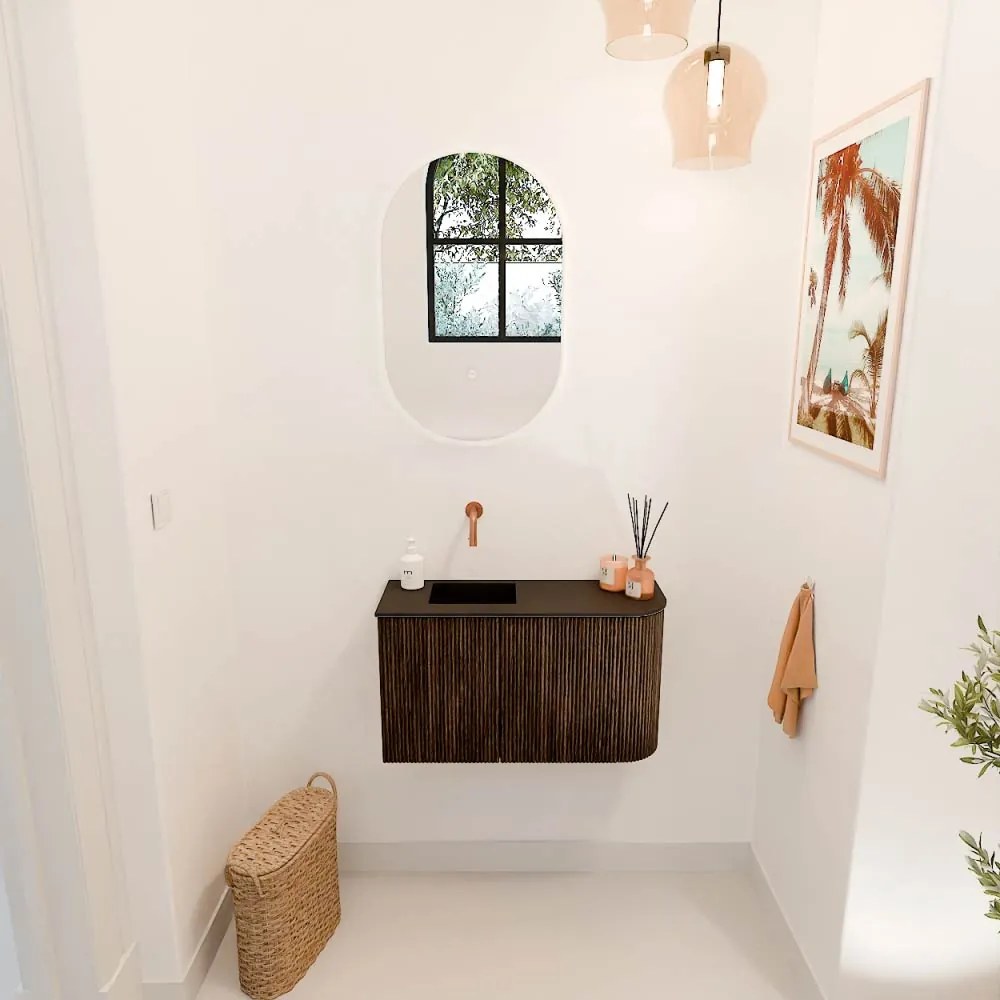 Mondiaz Joya 70cm toiletmeubel ronding rechts walnut met wastafel faye links zonder kraangat urban