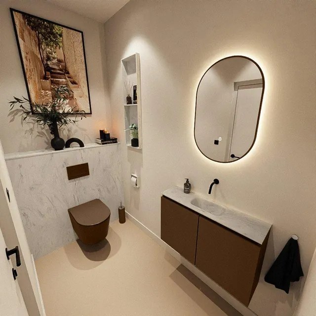 MONDIAZ TURE-DLUX 80cm toiletmeubel Rust. EDEN wastafel Opalo positie midden. Zonder kraangat. TUREDX80RUSM0OPA