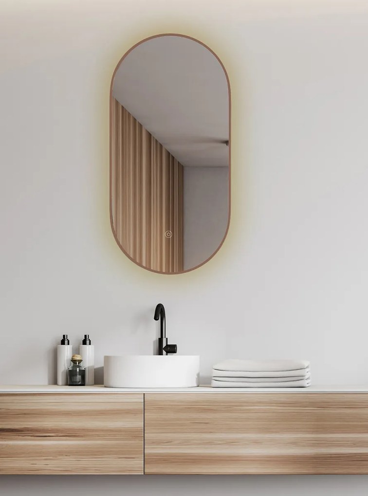 Mueller Ovalis ovale spiegel met dimbare LED verlichting en spiegelverwarming 50x100cm geborsteld brons