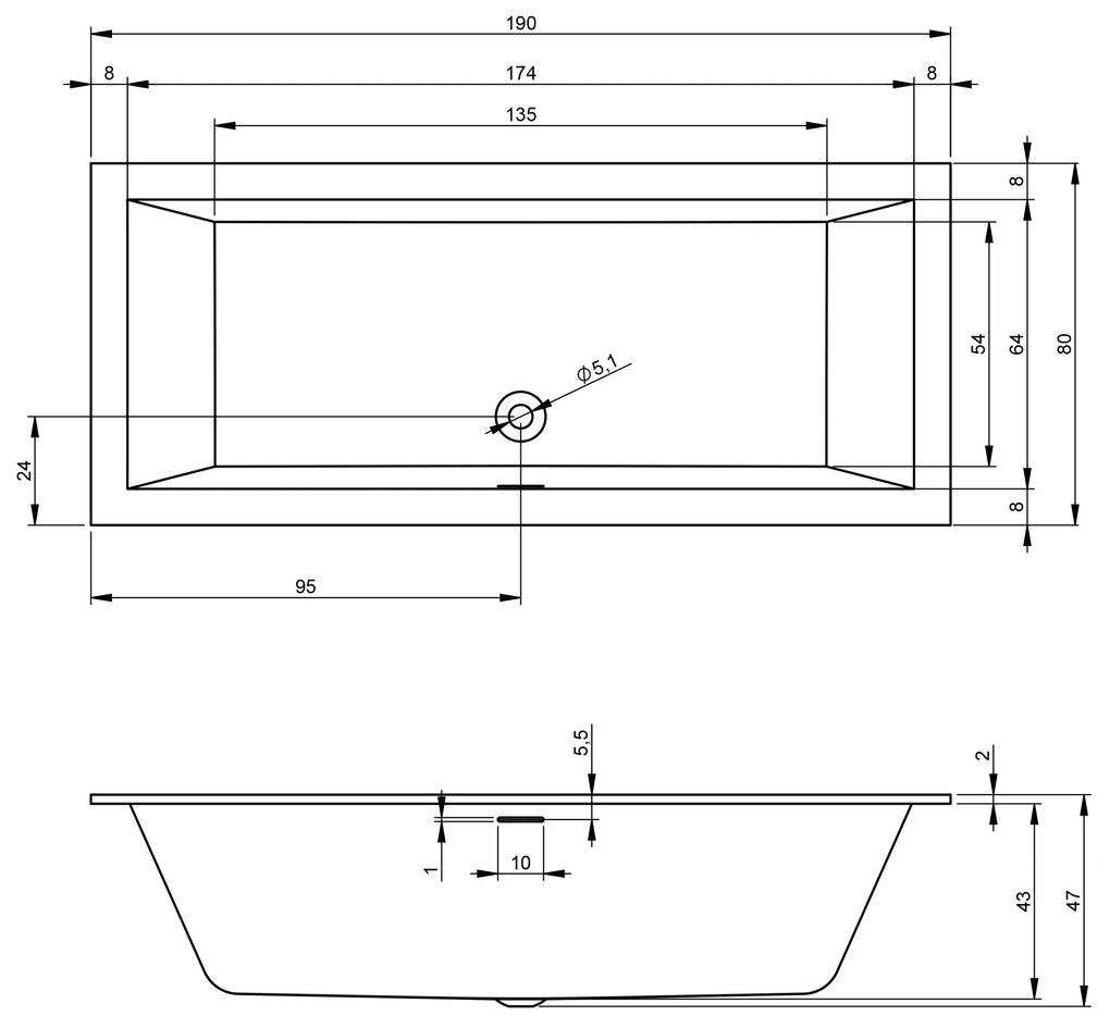 Riho Rethink Cubic inbouw ligbad 190x80cm wit glans met Fall overloop