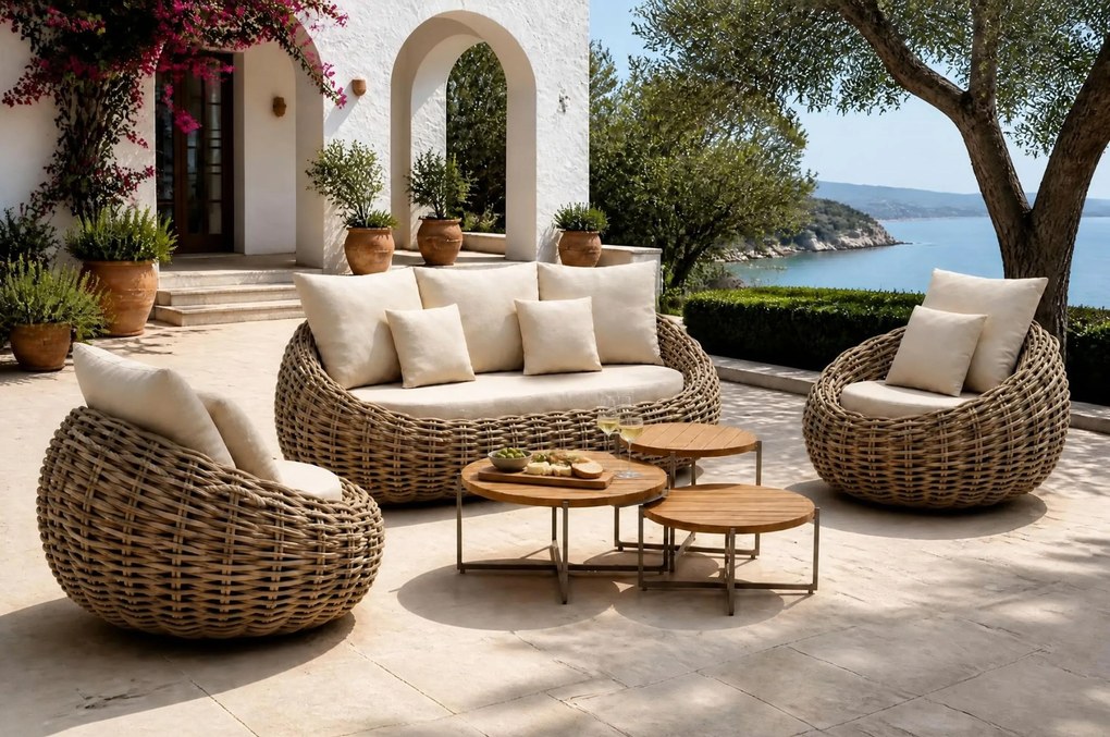 Stoel en Bank Loungeset 5 personen Wicker Taupe Apple Bee Cocoon/Monaco