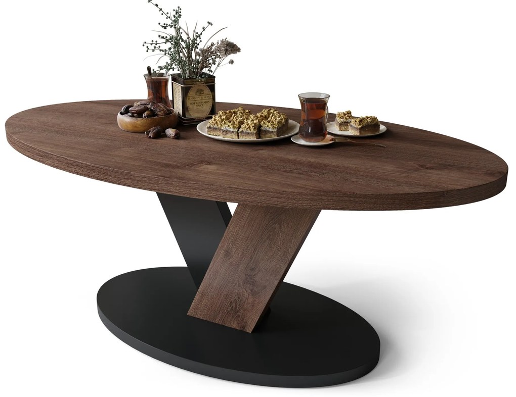 LOVA Eik Bruin/Zwart - OVALE SALONTAFEL 110x60 cm MODERNE KOFFIETAFEL