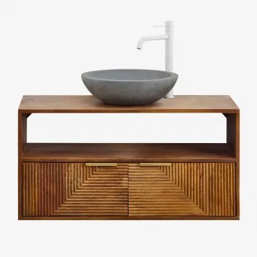 Baty Mangohouten Badkamermeubelset Mangohout & Rond Grijs Cement Ø40 Cm Tarsis & Spiegelloze & Wit ↑30 Cm Met Aftapkraan Zonder Overloop Orveta -