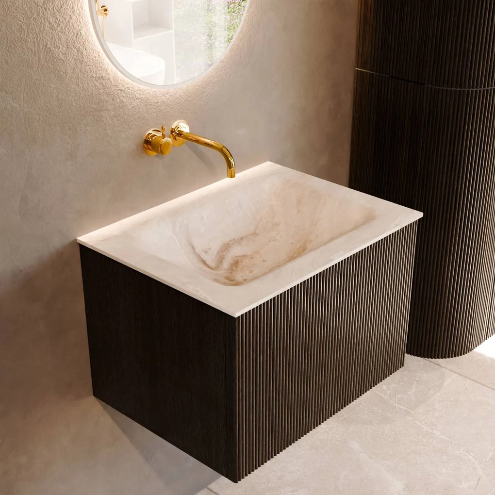 Mondiaz Kurve-dlux 60cm badmeubel shadow met 1 lade en wastafel cloud midden zonder kraangat frappe