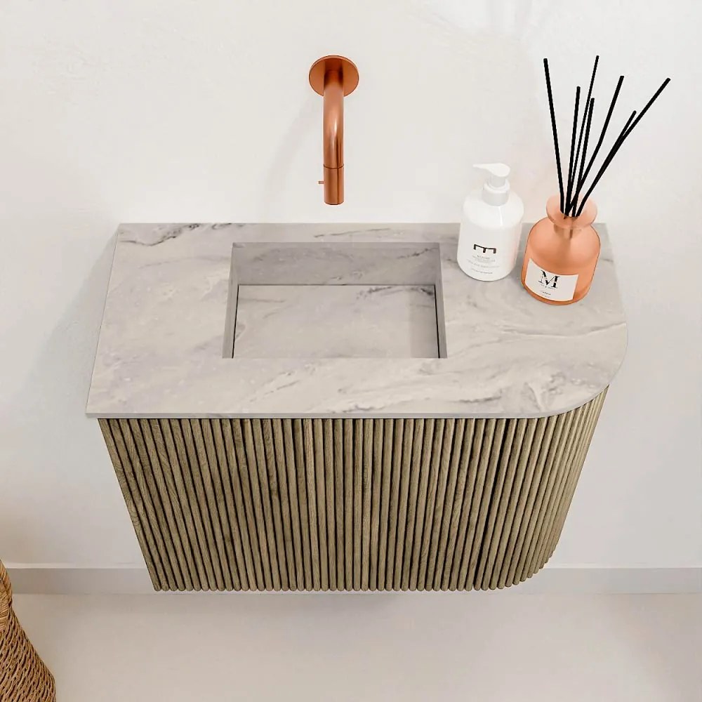 Mondiaz Joya DLux 50cm toiletmeubel ronding rechts dusk met wastafel faye links zonder kraangat glace