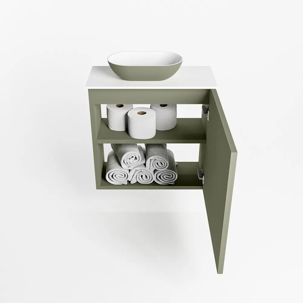 Mondiaz Fowy toiletmeubel 50cm army met legergroene waskom links en kraangat