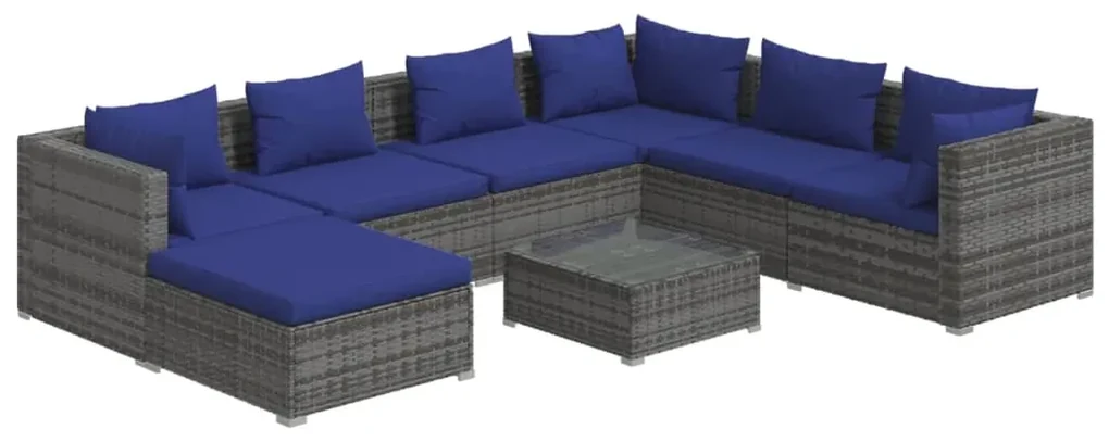 vidaXL 8-delige Loungeset met kussens poly rattan grijs