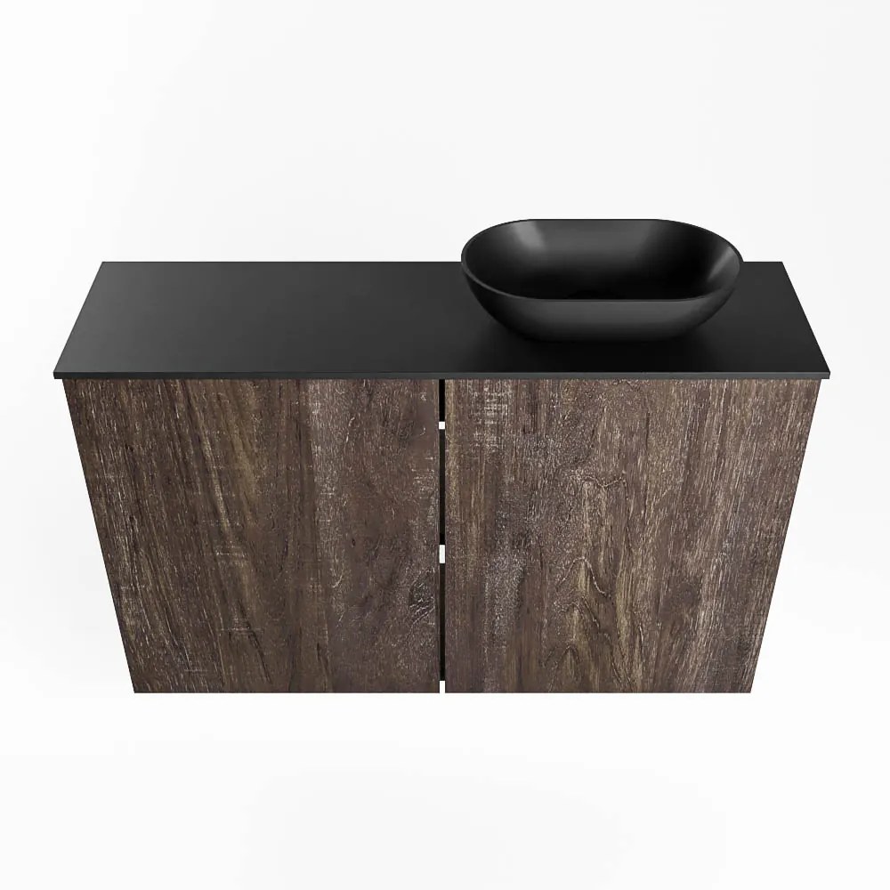 Mondiaz Fowy toiletmeubel 80cm dark brown met zwarte waskom rechts en kraangat