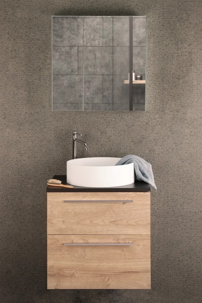 Differnz Fit badmeubel 60cm eiken licht met toppaneel zwart mat en spiegelkast