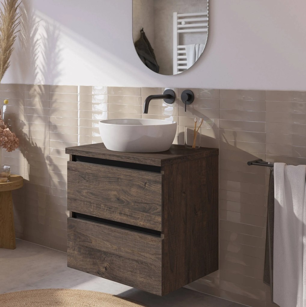 Saqu Gaia badmeubel incl. keramische waskom 60x51x76cm kasteel bruin – zwarte greeplijst