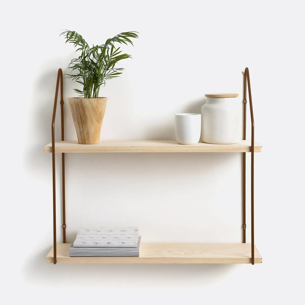 Dubbele wandplank in hout en metaal L65 cm, Vinto