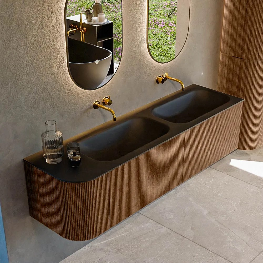 Mondiaz Kurve 165cm badmeubel ronding links walnut met 2 lades en 1 deur en wastafel big small dubbel/rechts zonder kraangat urban