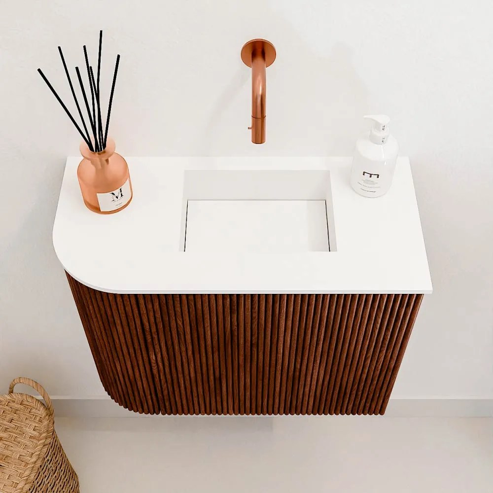 Mondiaz Joya 50cm toiletmeubel ronding links ruby met wastafel faye rechts zonder kraangat talc