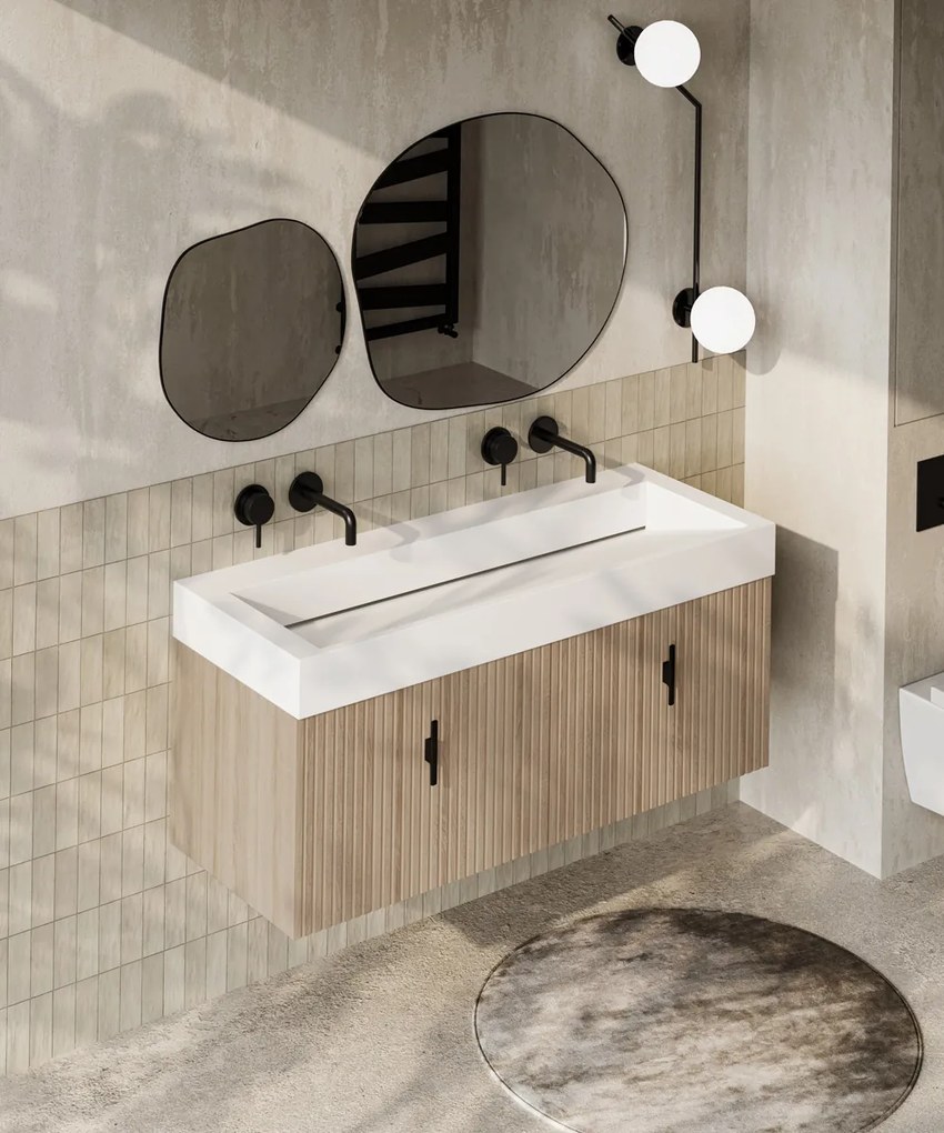 Muebles Calas badmeubel ribbelfront 120cm naturel eiken met solid surface wastafel zonder kraangaten