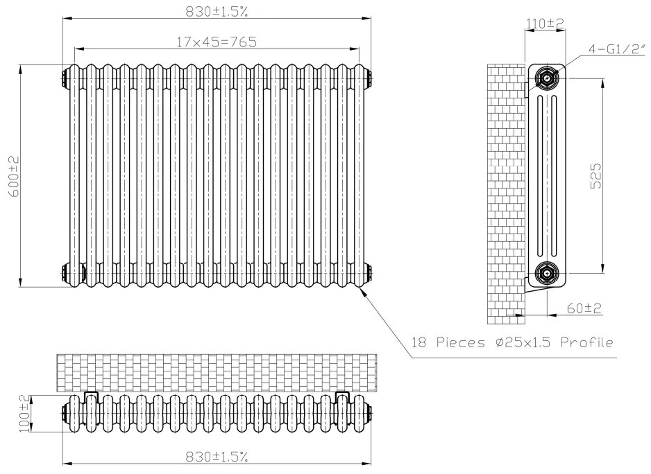 Eastbrook Imperia 3 koloms radiator 85x60cm 1498W antraciet