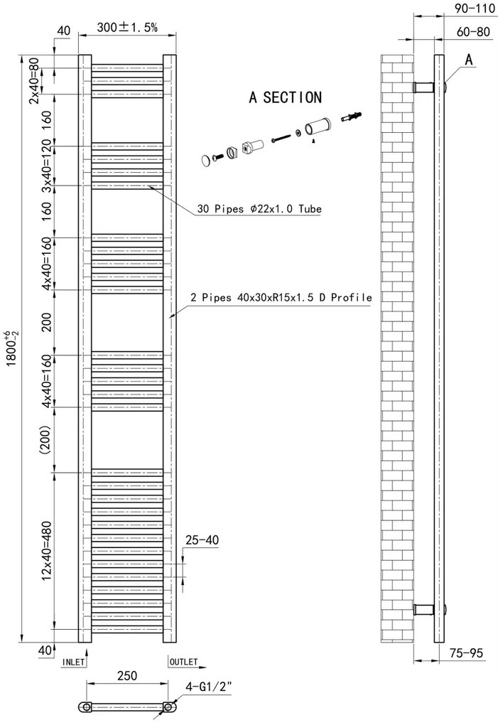 Eastbrook Wendover handdoekradiator 30x180cm 588W antraciet mat