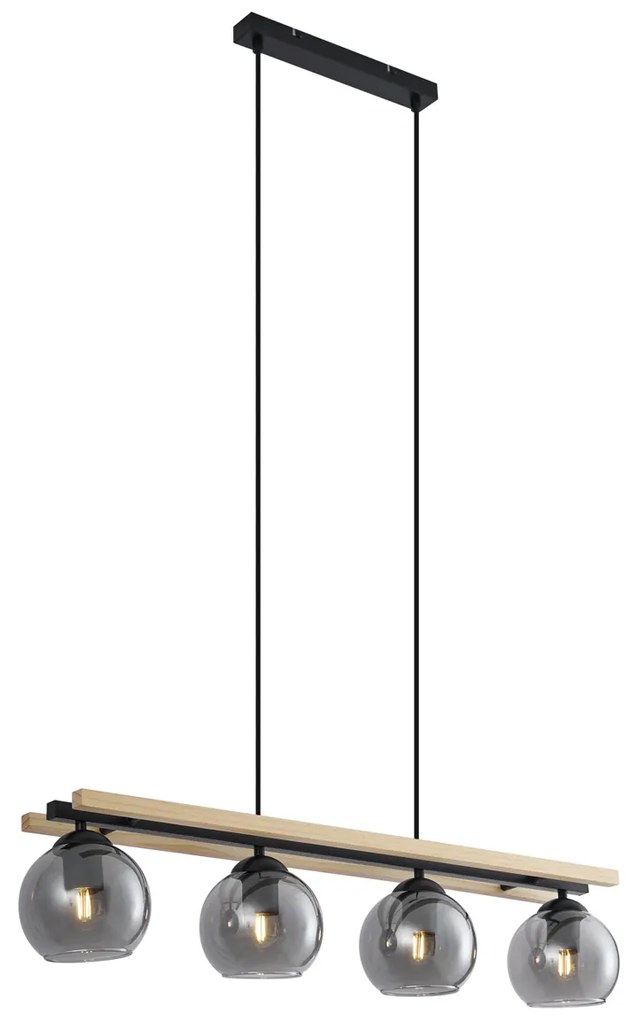 Moderne hanglamp zwart met hout en smoke glas 4-lichts - Aleks