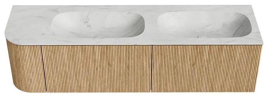 Mondiaz Kurve-dlux 165cm badmeubel ronding links oak met 2 lades en 1 deur en wastafel stor small dubbel/rechts zonder kraangat opalo