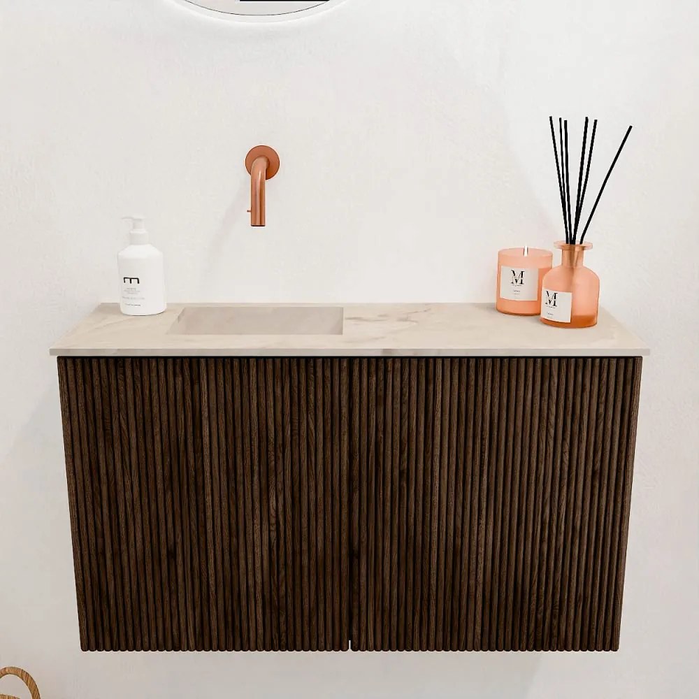 Mondiaz Joya DLux 70cm toiletmeubel walnut met wastafel faye links zonder kraangat frappe