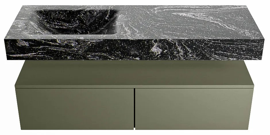 Mondiaz Alan DLux badmeubel 130cm army 2 lades met wastafel lava links 1 kraangat