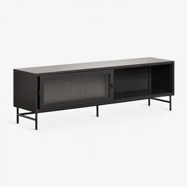 Tv-meubel 180x40 Cm In Staal En Glas Paoline Zwarte Koolstof - Sklum
