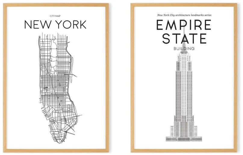 Location & Landmark New York Map, A2, ingelijste print, zwart en wit