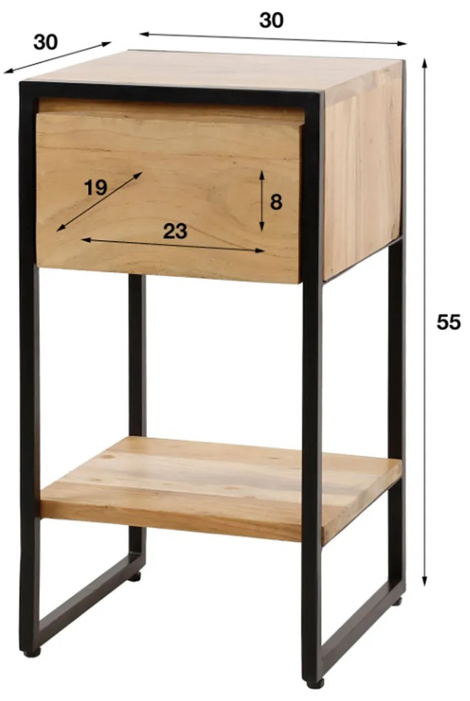 Industrieel Nachtkastje Acacia - 30x30x55cm.