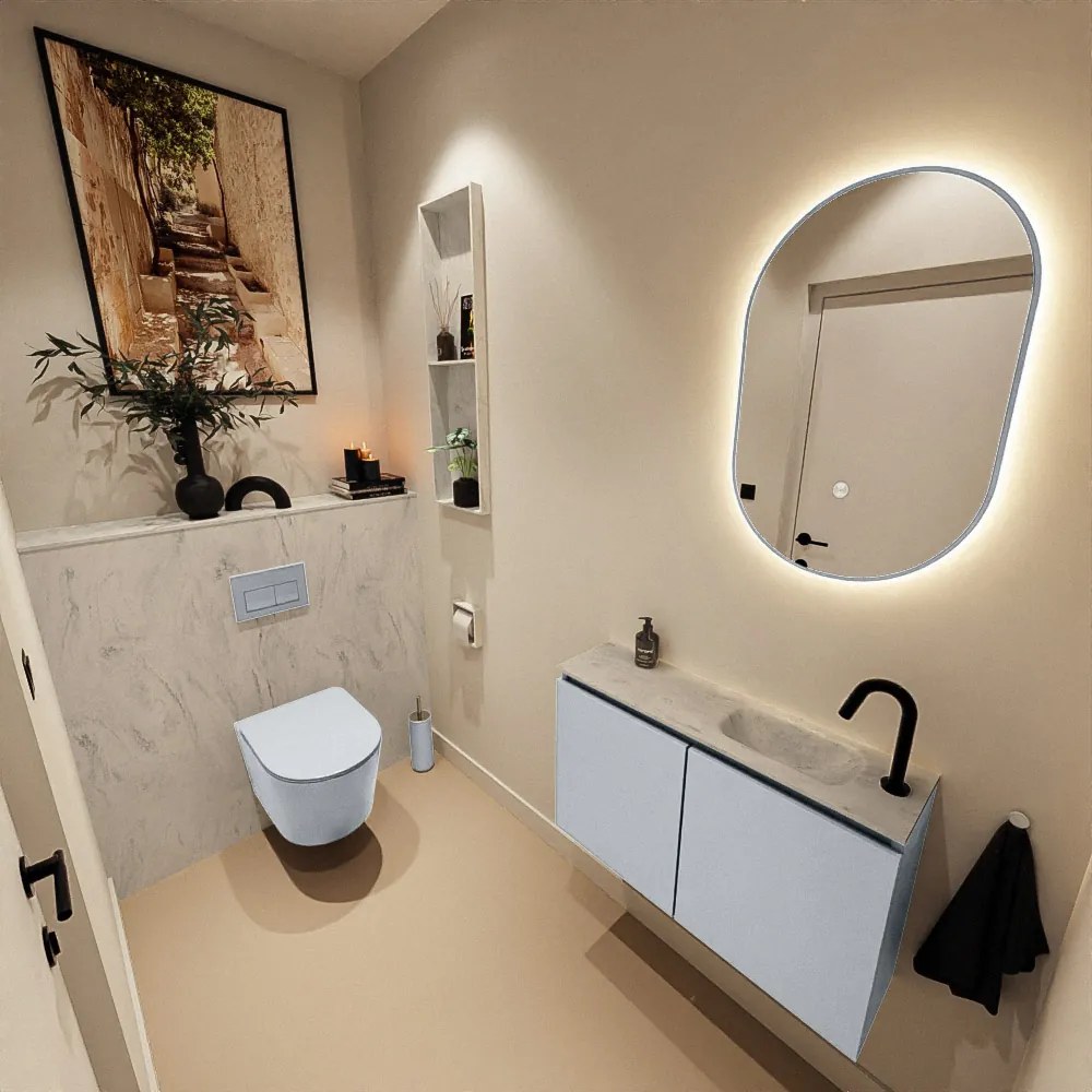 Mondiaz Ture DLux toiletmeubel 80cm clay met wastafel opalo rechts met kraangat