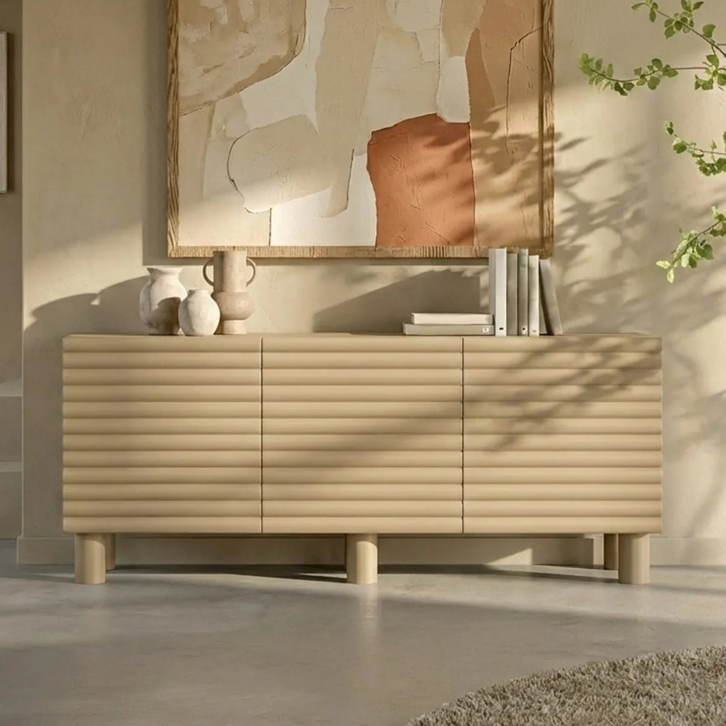 Dressoir Met Grote Ribbels Zandkleur 180 Cm - 180x40x75cm.