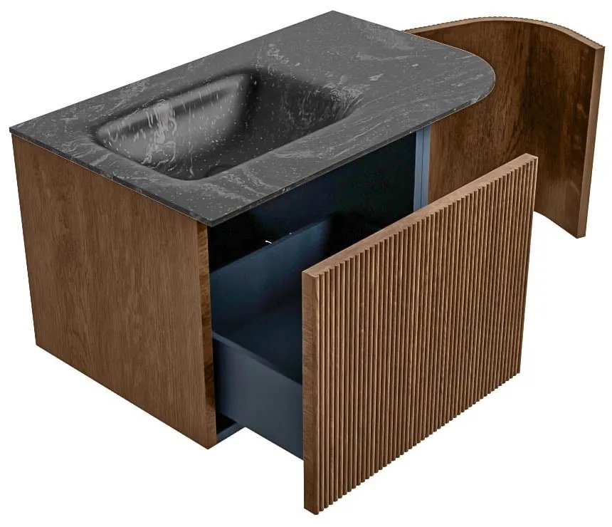 Mondiaz Kurve-dlux 75cm badmeubel ronding rechts walnut met 1 lade en deur en wastafel grunne kraangat links lava