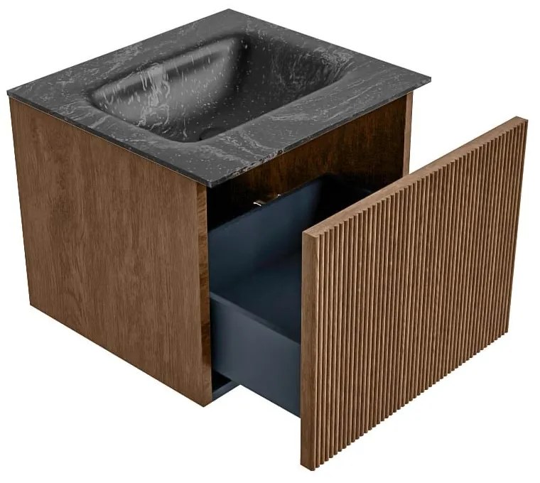 Mondiaz Kurve-dlux 50cm badmeubel walnut met 1 lade en wastafel grunne midden zonder kraangat lava