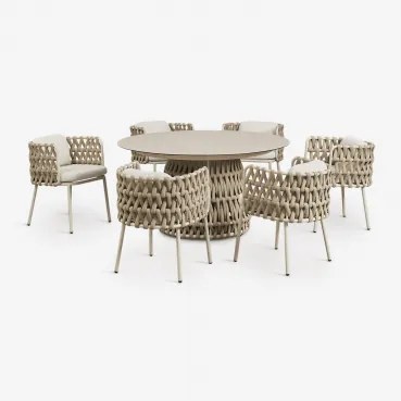 Ronde Tafelset Ø140 Cm In Keramiek En 6 Tuinstoelen Met Armleuningen Van Aluminium En Gevlochten Touw Tevary Tapioca Beige & Tela Beige Tapioca -