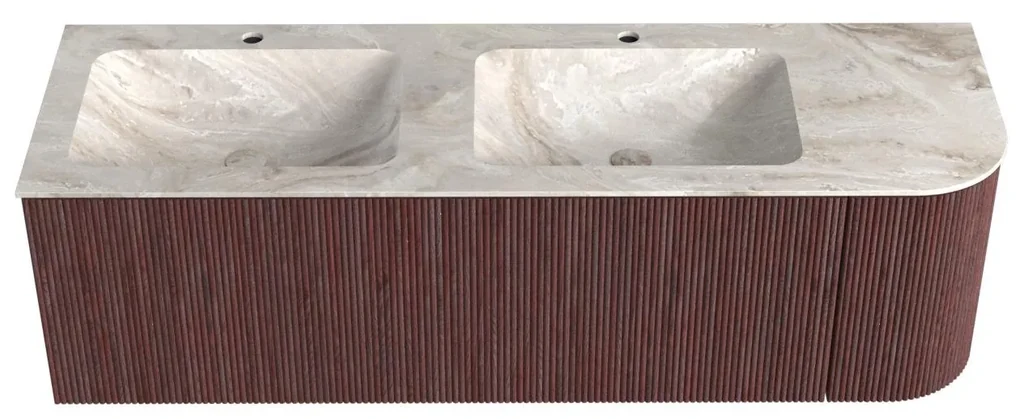 Mondiaz Kurve-dlux 145cm badmeubel ronding rechts ruby met 1 lade en deur en wastafel leaf dubbel/links 2 kraangaten frappe