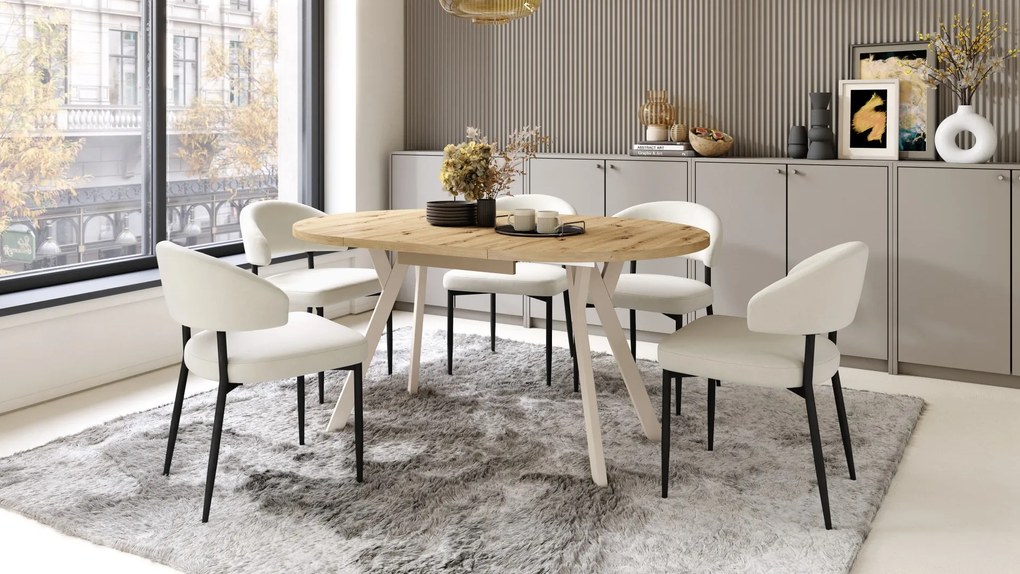 ALMO Eiken Artisan/Beige poten - RONDE LOFT/INDUSTRIËLE TAFEL VOOR WOONKAMER/EETKAMER, UITSCHUIFBAAR