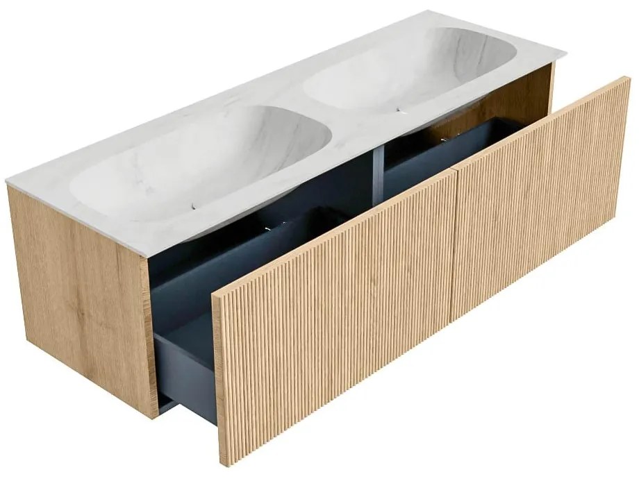 Mondiaz Kurve-dlux 140cm badmeubel oak met 2 lades en wastafel stor small dubbel 2 kraangaten opalo