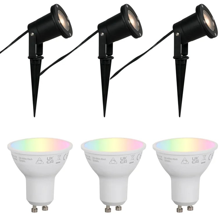 Buitenlamp Set van 3 smart tuinspots zwart incl. snoer en stekker 200cm IP65 - Basic Modern GU10 IP65 Buitenverlichting rond