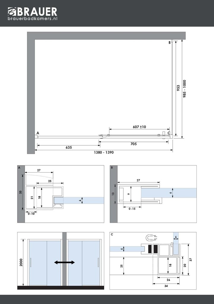 Brauer Season douchecabine met schuifdeur 140x100cm messing