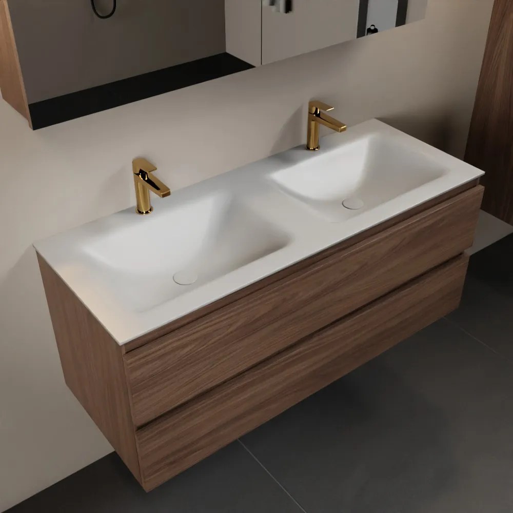 Mondiaz Aivy badmeubel 120cm mocha met wastafel solid surface talc dubbel 2 kraangaten en spiegelkast