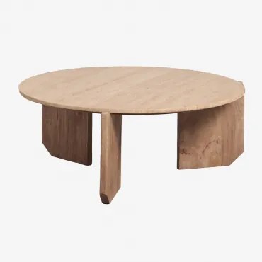 Ronde Salontafel Van Natuursteen En Mangohout Lavinia Travertine & Natuurlijk Hout & Ø85 Cm - Sklum