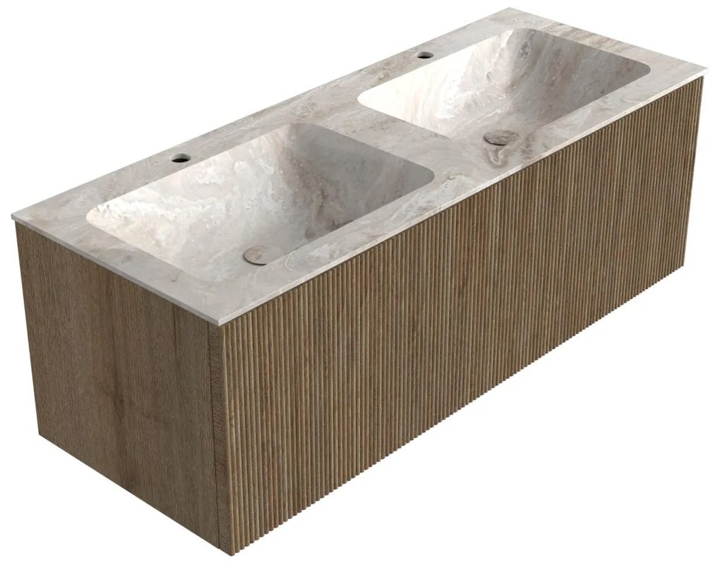 Mondiaz Kurve-dlux 120cm badmeubel dusk met 1 lade en wastafel leaf dubbel 2 kraangaten frappe