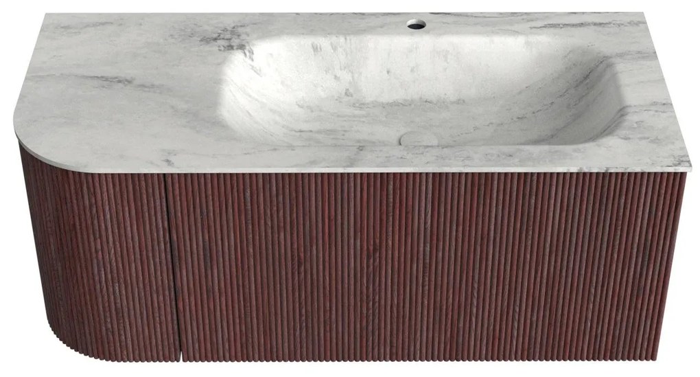 Mondiaz Kurve-dlux 105cm badmeubel ronding links ruby met 1 lade en deur en wastafel big small kraangat rechts opalo