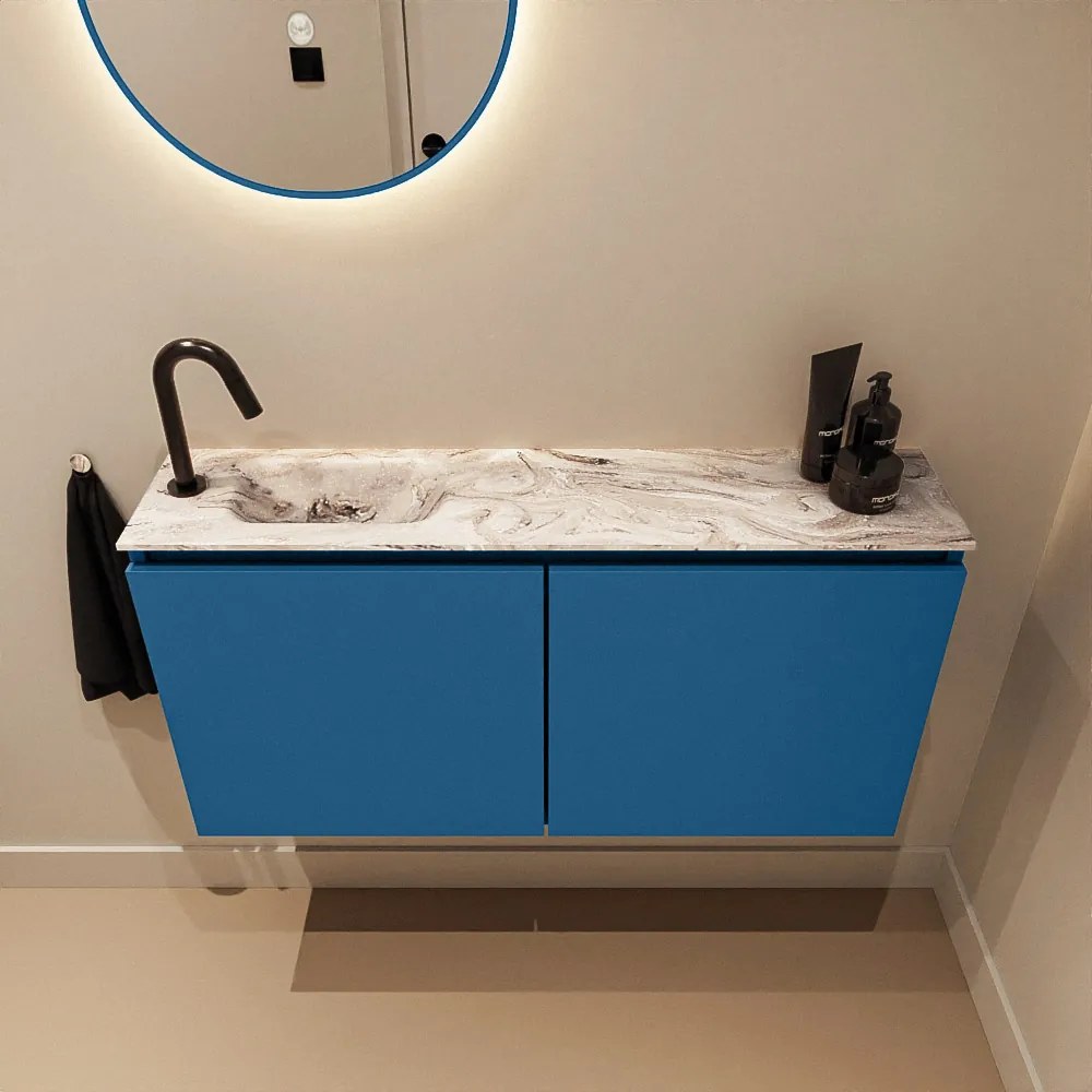 Mondiaz Ture DLux toiletmeubel 100cm jeans met wastafel glace links met kraangat