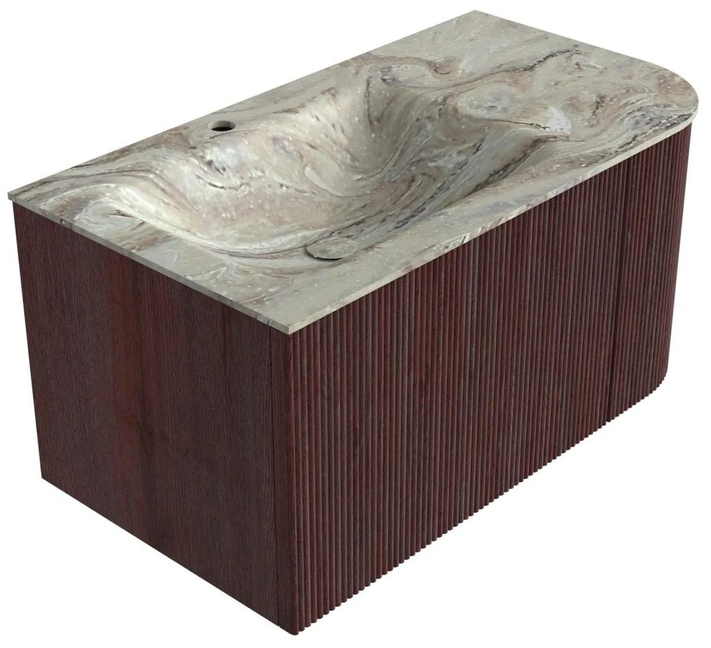 Mondiaz Kurve-dlux 85cm badmeubel ronding rechts ruby met 1 lade en deur en wastafel cloud kraangat links glace
