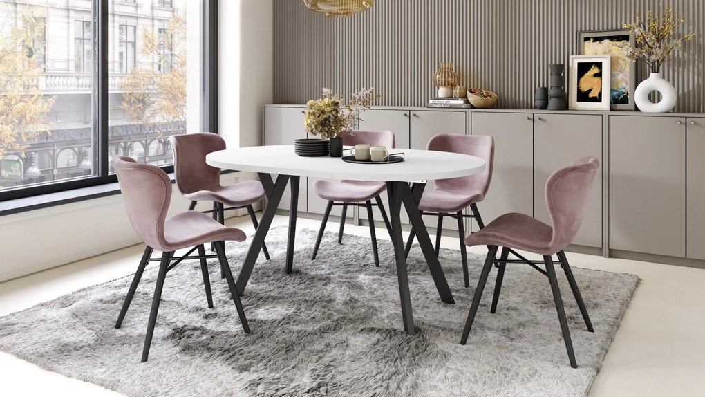 ALDO 100 Wit Mat/Zwarte poten - RONDE LOFT/INDUSTRIËLE TAFEL VOOR WOONKAMER/EETKAMER, UITSCHUIFBAAR