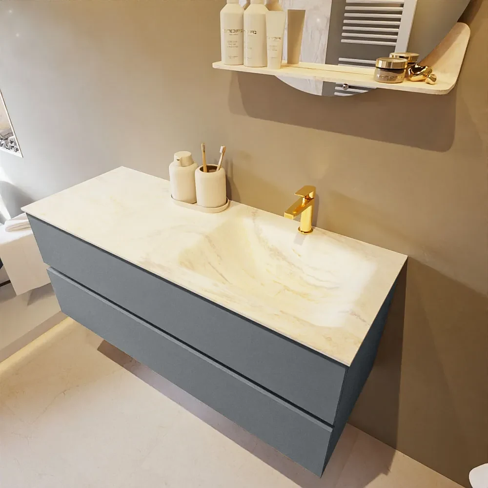 Mondiaz Vica DLux badmeubel 120cm plata 2 lades met wastafel ostra rechts 1 kraangat